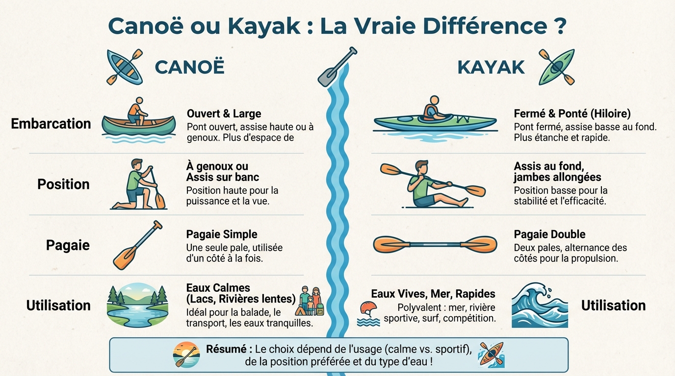 Différences majeures entre canoë et kayak