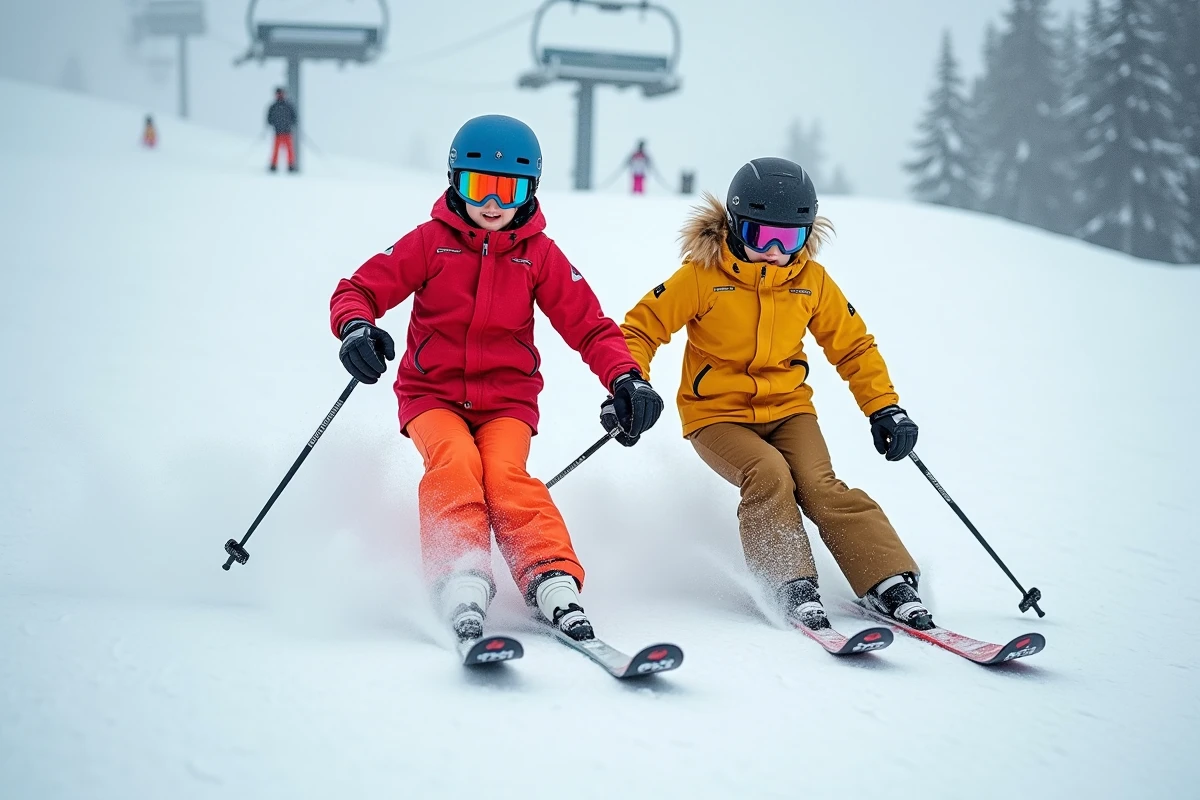 Deux adolescents skiant en pantalons imperméables colorés sur une piste de ski enneigée