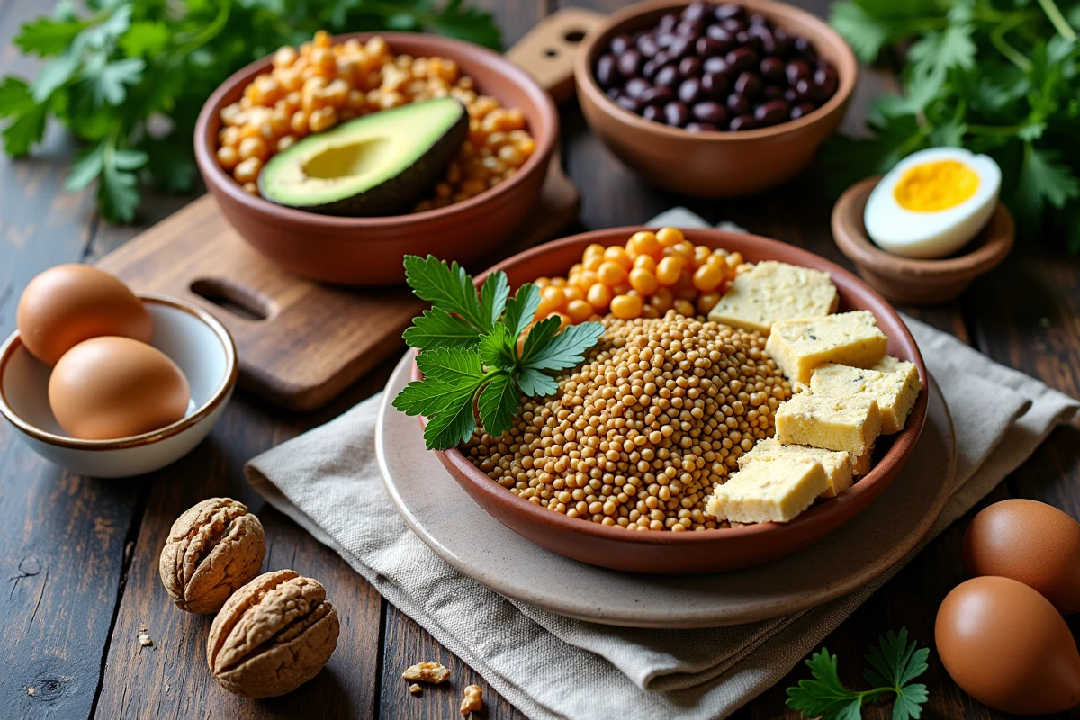 Assortiment d'aliments riches en protéines végétales pour sportifs incluant lentilles, tempeh, avocat et noix sur une table en bois