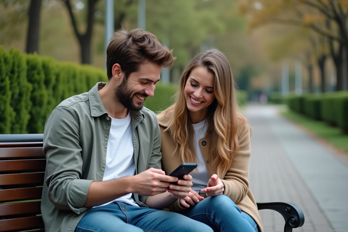 Deux amis regardant ensemble une application de suivi de tous les sports sur smartphone dans un parc