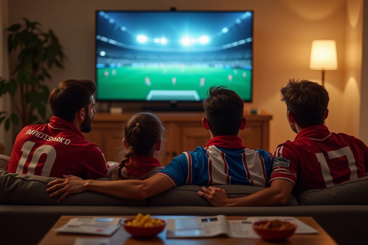 Groupe d'amis regardant une grande compétition sportive internationale à la télévision dans un salon convivial