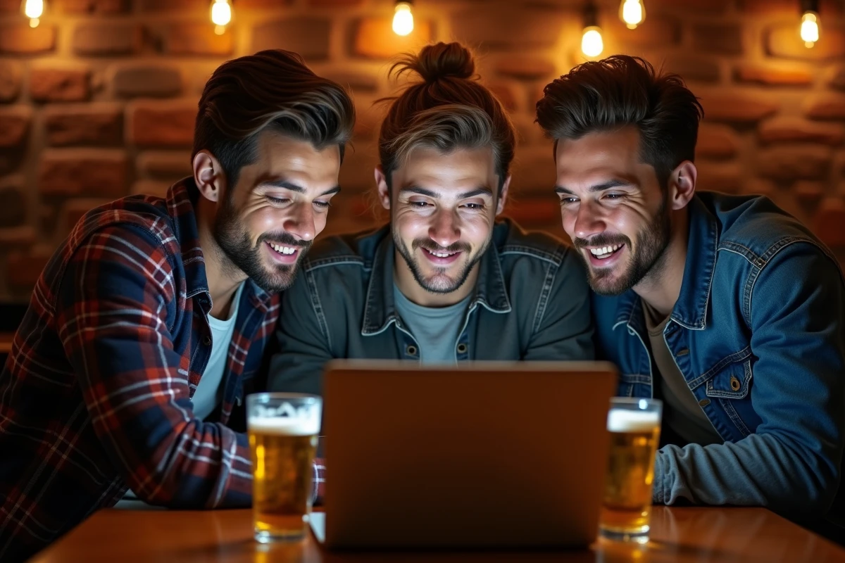 Groupe d'amis regardant un événement sportif en streaming sur un ordinateur portable dans un bar