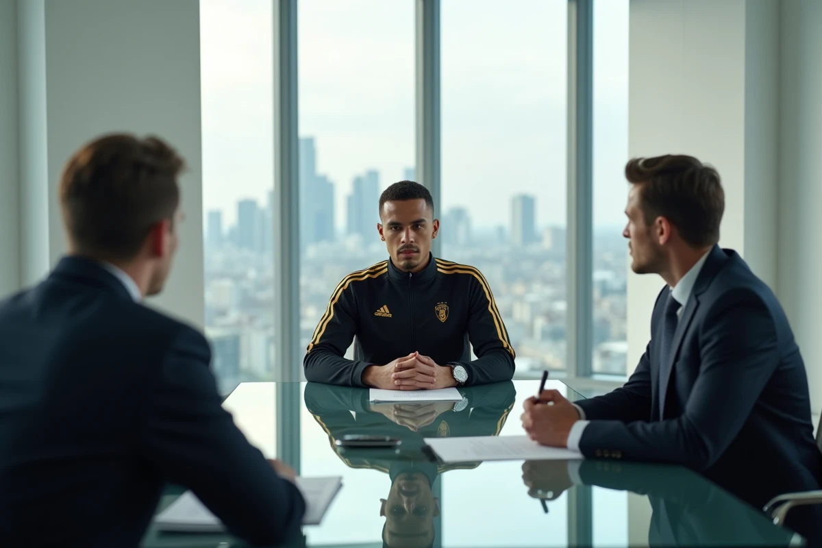 Athlète en survêtement noir et or lors d'une négociation de contrat avec des agents dans une salle de réunion moderne, symbolisant les salaires colossaux des sportifs professionnels