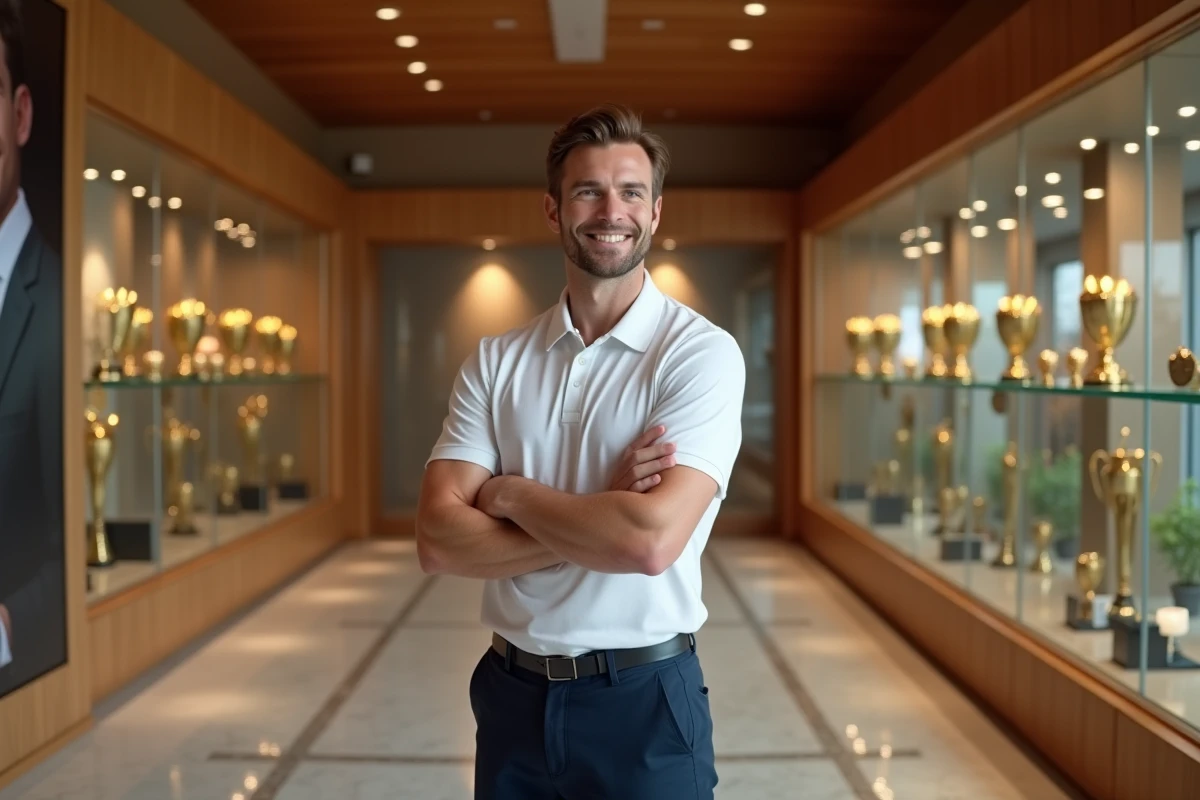 Athlète masculin en polo blanc posant fièrement dans une salle de trophées luxueuse, illustrant le thème de l'athlète le mieux payé au monde