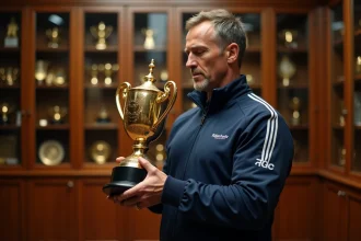 Athlète masculin tenant un trophée en or dans une salle de trophées remplie de médailles et de coupes sportives