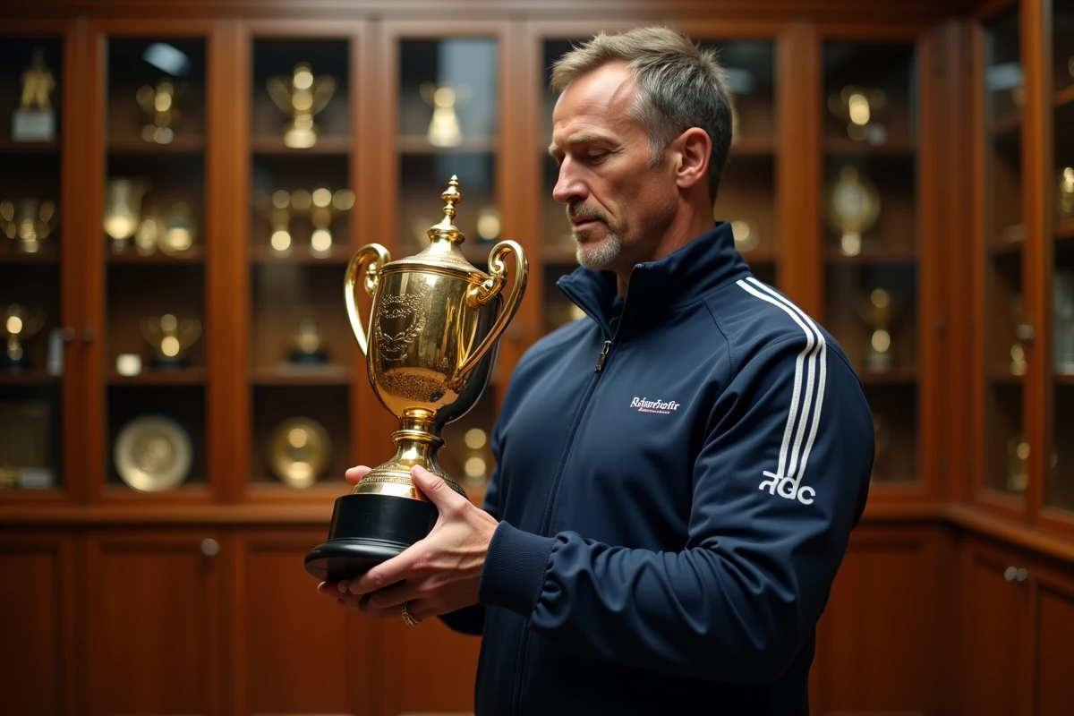 Athlète masculin tenant un trophée en or dans une salle de trophées remplie de médailles et de coupes sportives