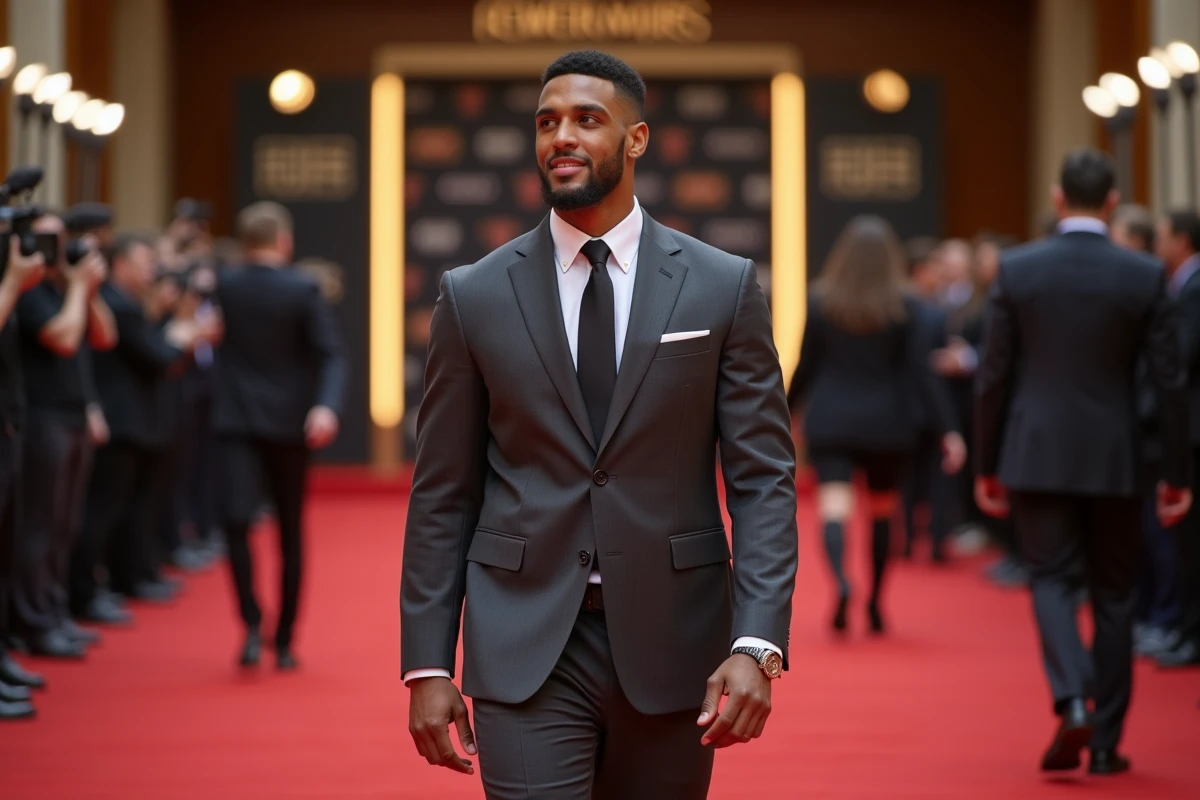 Athlète en costume gris marchant sur un tapis rouge lors d'une cérémonie de remise de prix, évoquant le prestige et les revenus exceptionnels des sportifs les mieux rémunérés du monde