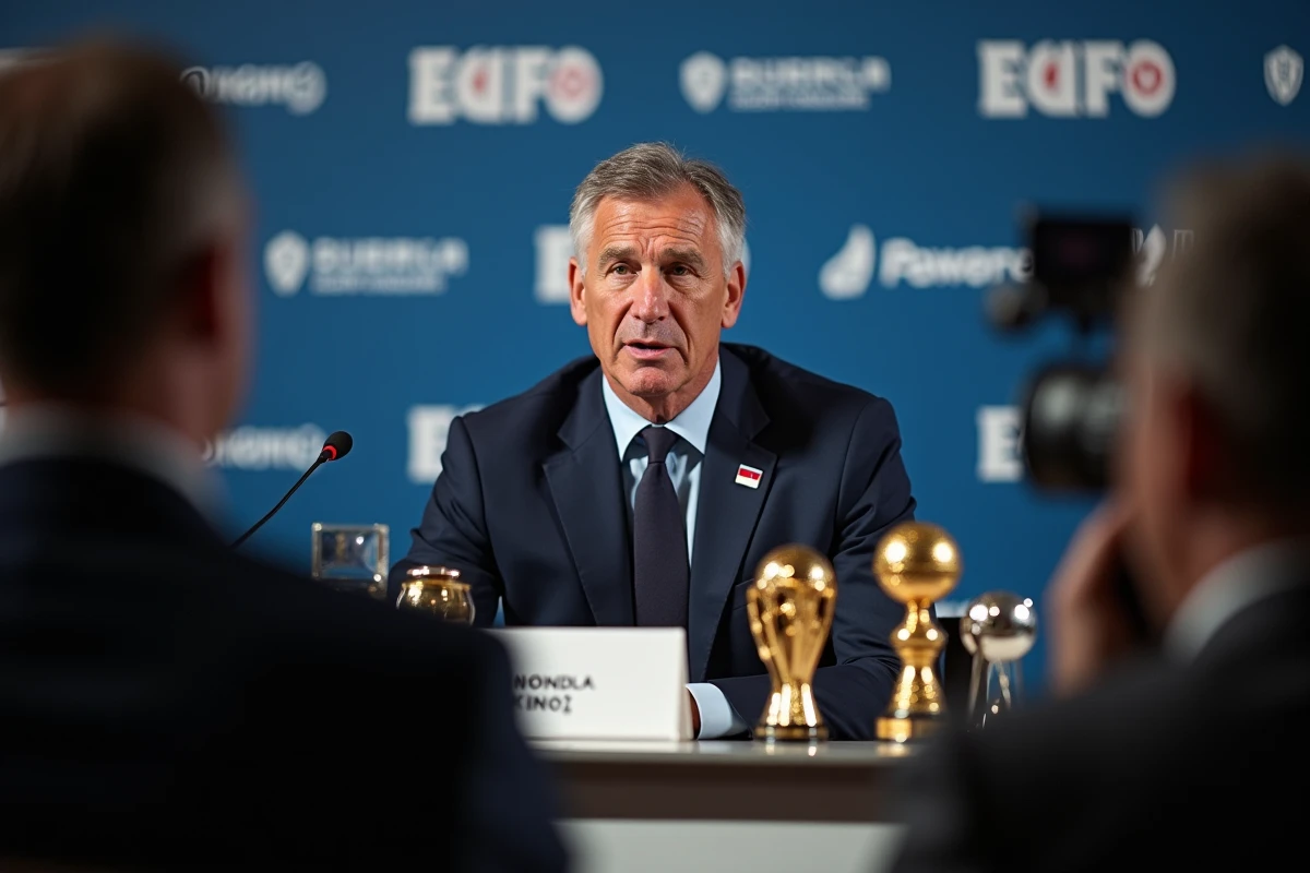 Athlète masculin en costume sombre lors d'une conférence de presse entouré de trophées et de médailles sportives