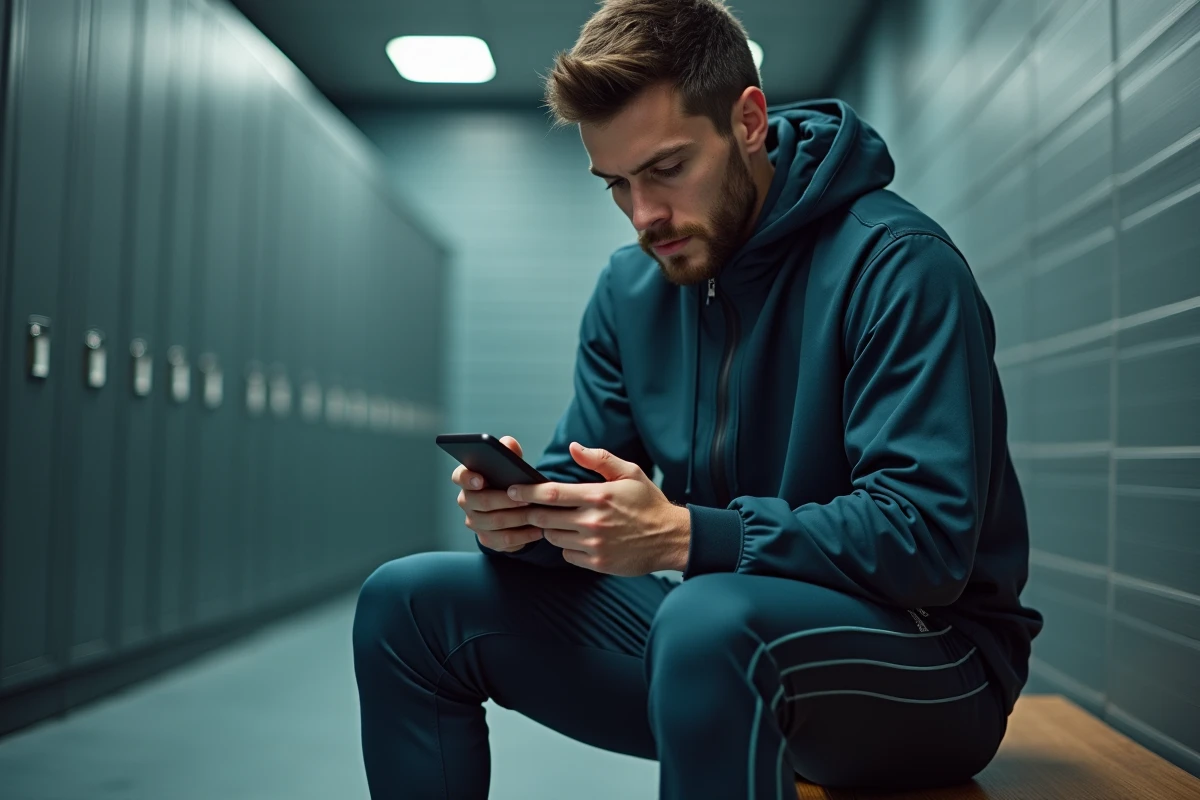Jeune athlète masculin consultant son téléphone dans un vestiaire moderne, symbolisant l'influence numérique et les réseaux sociaux dans le sport professionnel