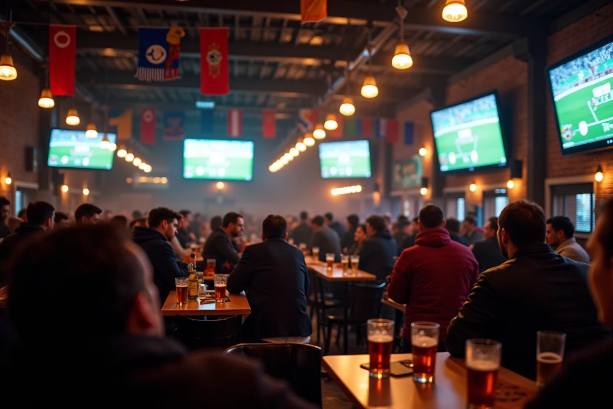 Bar sportif bondé avec des supporters de football regardant une compétition internationale sur grands écrans