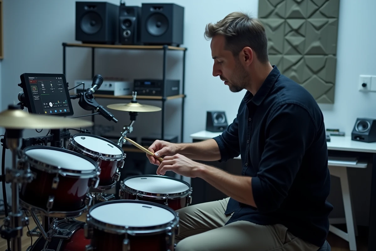 Batteur expert réglant une batterie électronique haut de gamme dans un home studio professionnel