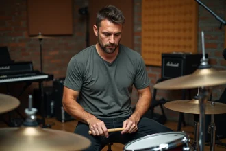 Batteur professionnel en pleine performance dans un studio de répétition avec une batterie acoustique complète
