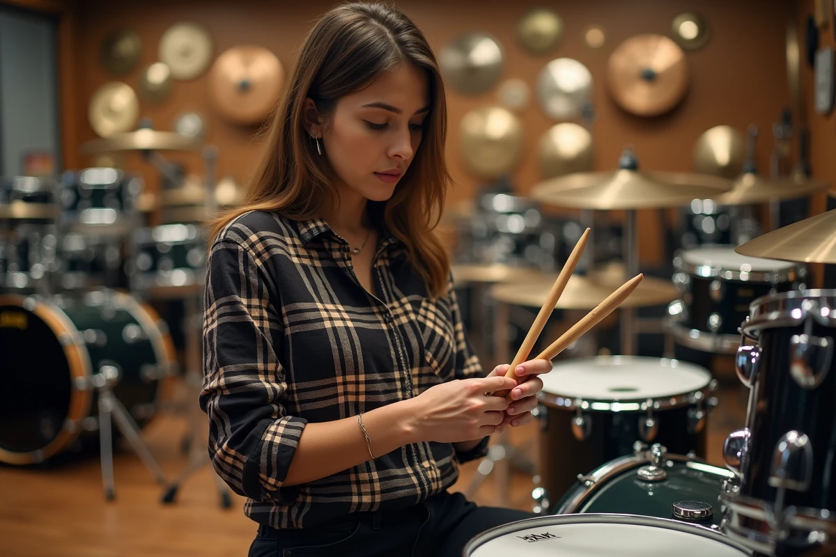 Batteuse comparant des baguettes de batterie dans un magasin de musique spécialisé