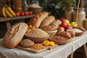 Assortiment de bons glucides complexes sur une table de marché : pain complet, riz brun, lentilles, patates douces et fruits frais