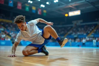 Athlète de breakdance en plein power move sur scène olympique lors des Jeux Olympiques
