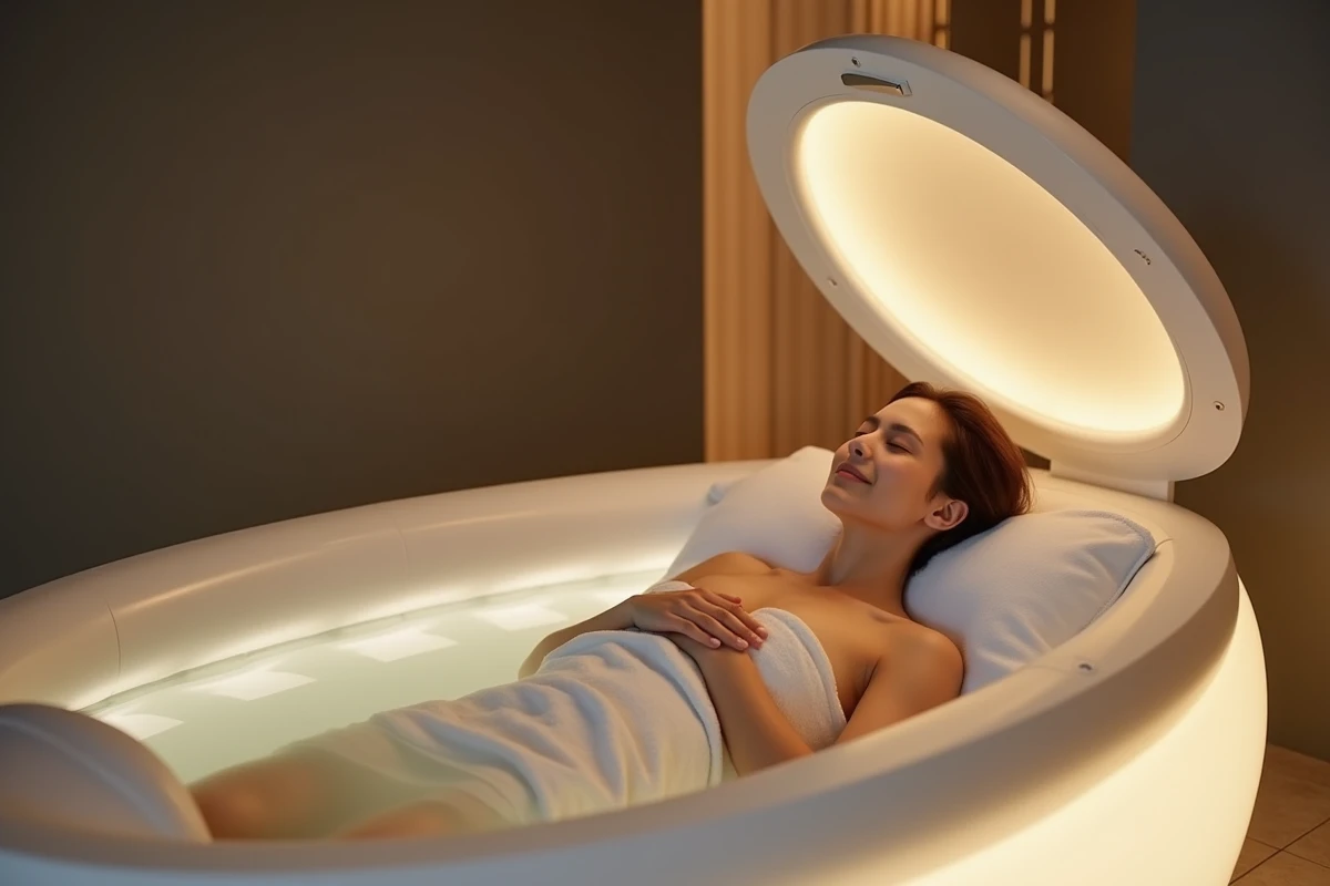 Personne allongée dans un caisson de flottaison ouvert dans un centre de bien-être moderne, expression sereine et méditative, atmosphère de thérapie sensorielle