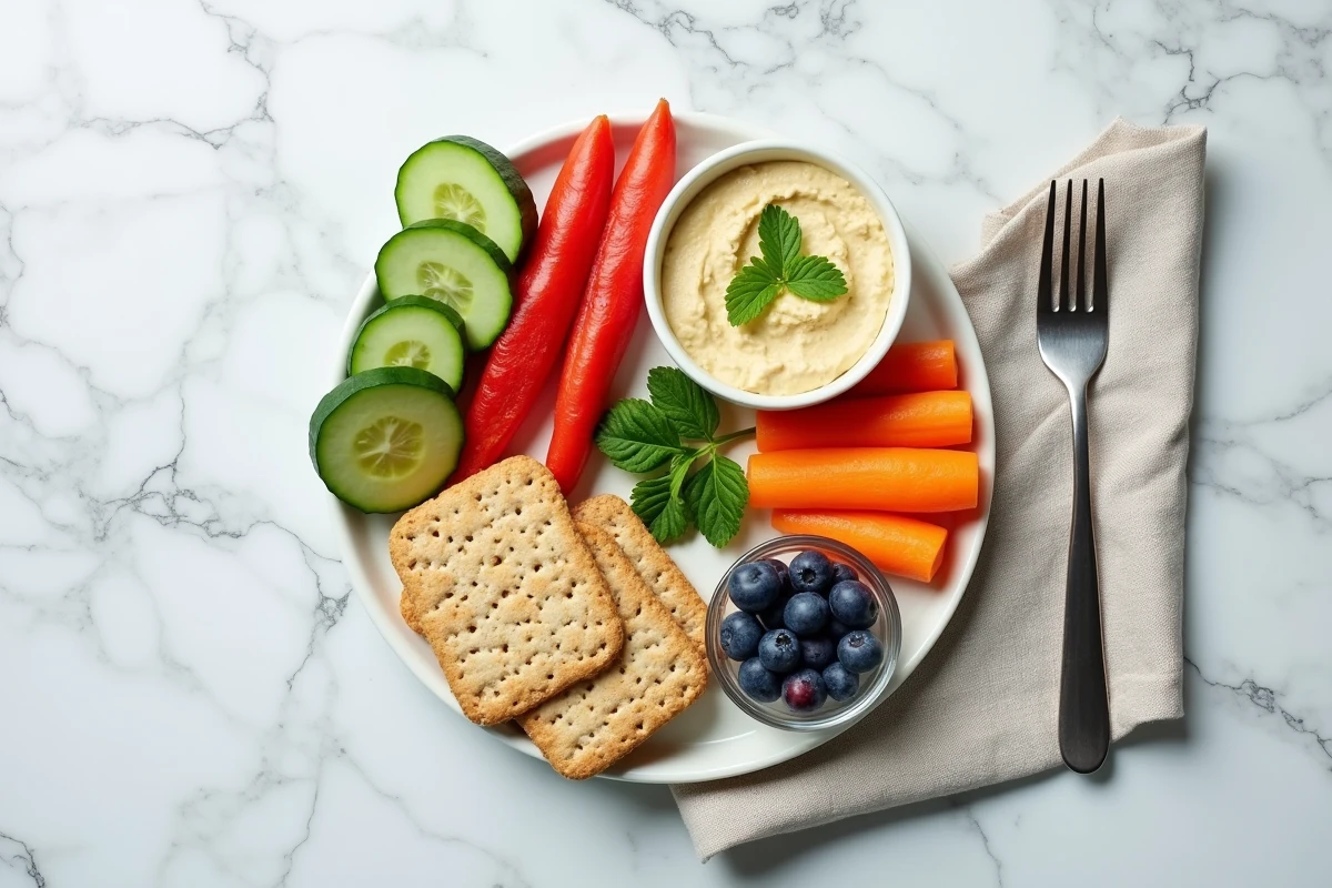 Vue de dessus d'une assiette de collation saine avec légumes frais, hummus et fruits sur marbre blanc