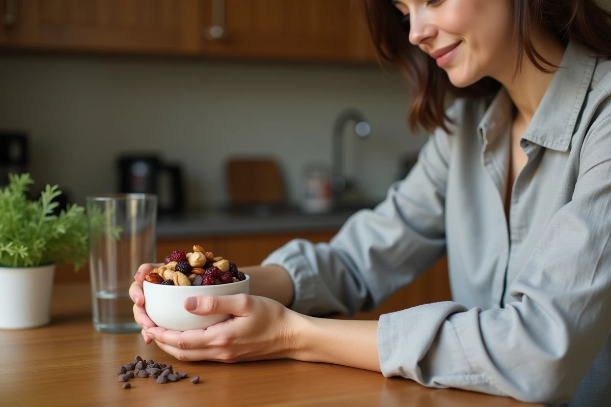 Femme préparant une collation saine à base de noix et fruits secs dans une cuisine en bois naturel