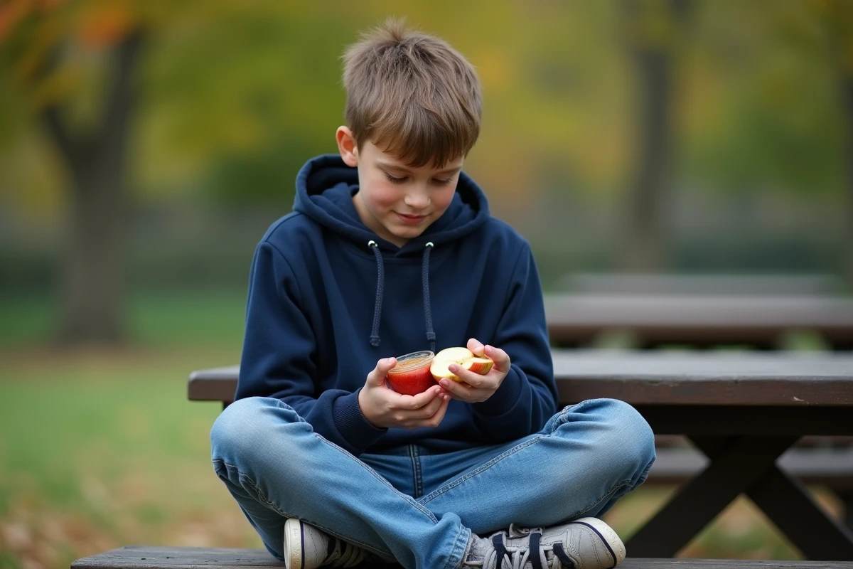 Adolescent mangeant une collation saine de pomme et beurre d'amande dans un parc en plein air