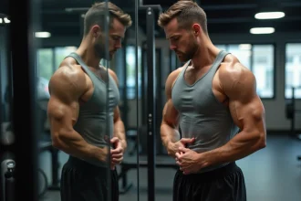 Homme athlétique en salle de sport examinant sa composition corporelle, illustrant le débat sur la combustion des graisses et des muscles