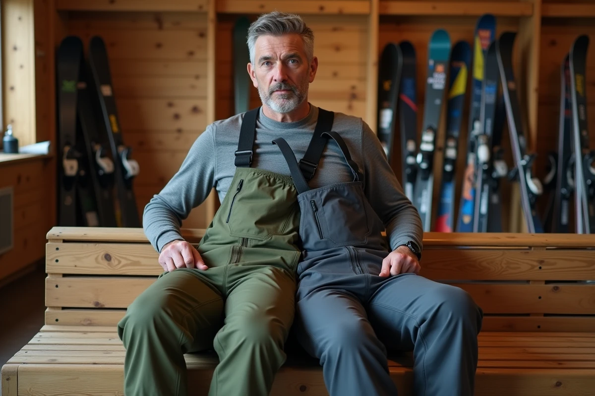 Homme comparant deux modèles de pantalons de ski dans un chalet de station de montagne