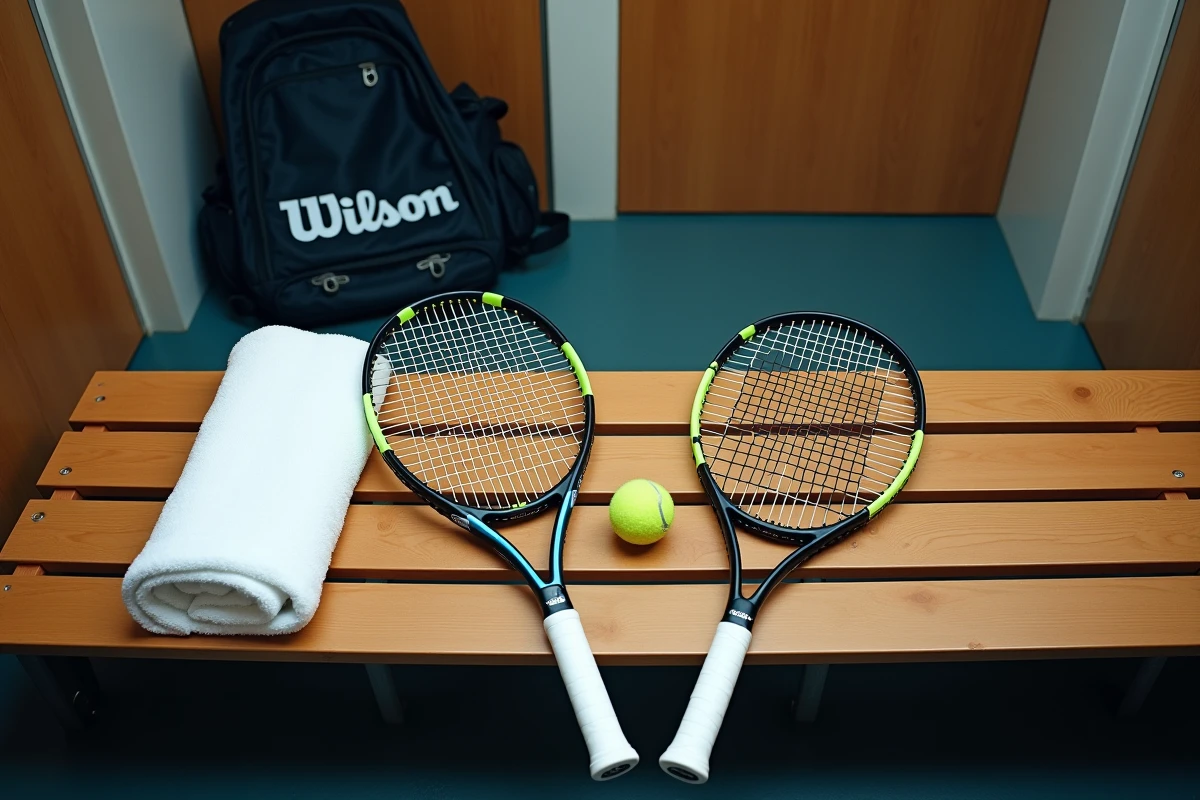 Comparaison de deux raquettes de tennis Babolat et Wilson posées côte à côte sur un banc de vestiaire de club