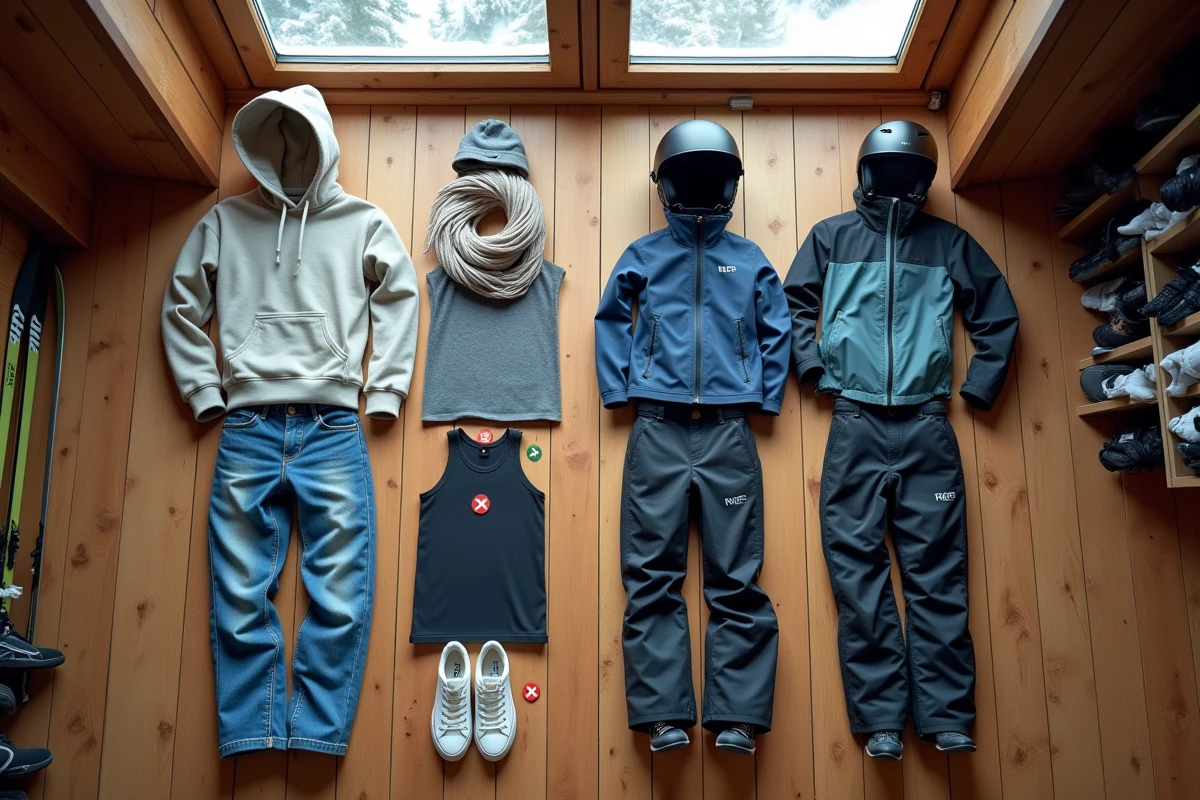 Comparaison à plat entre vêtements inadaptés et équipements corrects pour le ski sur parquet de chalet