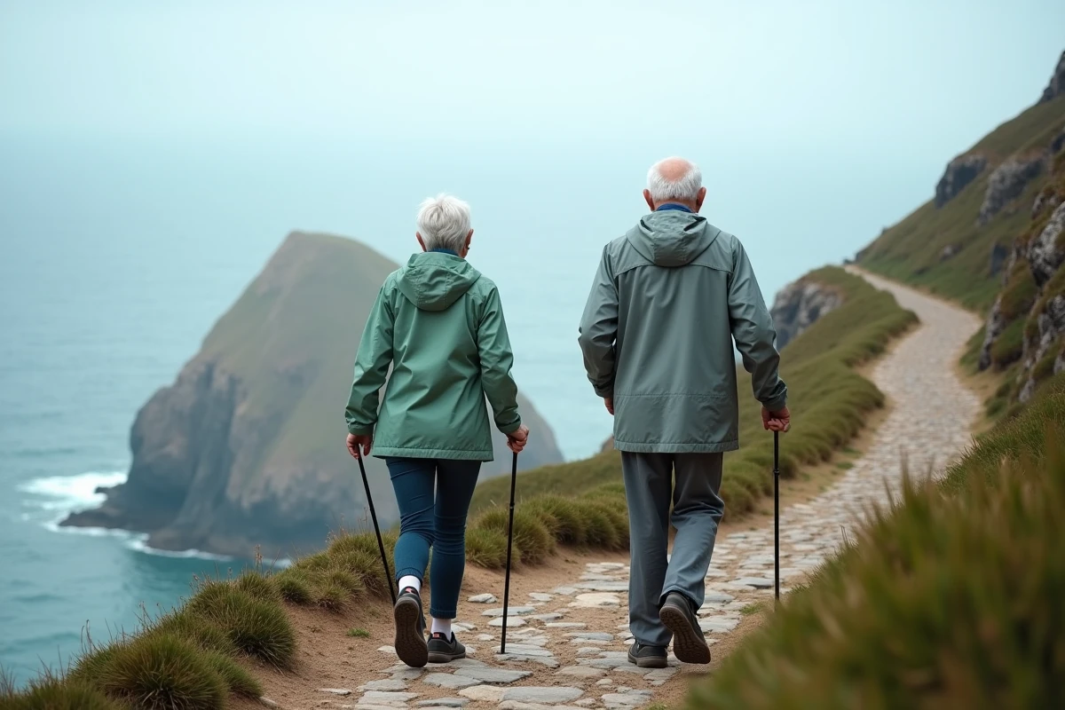 Couple de seniors de 80 ans marchant sur un sentier côtier, activité physique de plein air adaptée aux personnes âgées