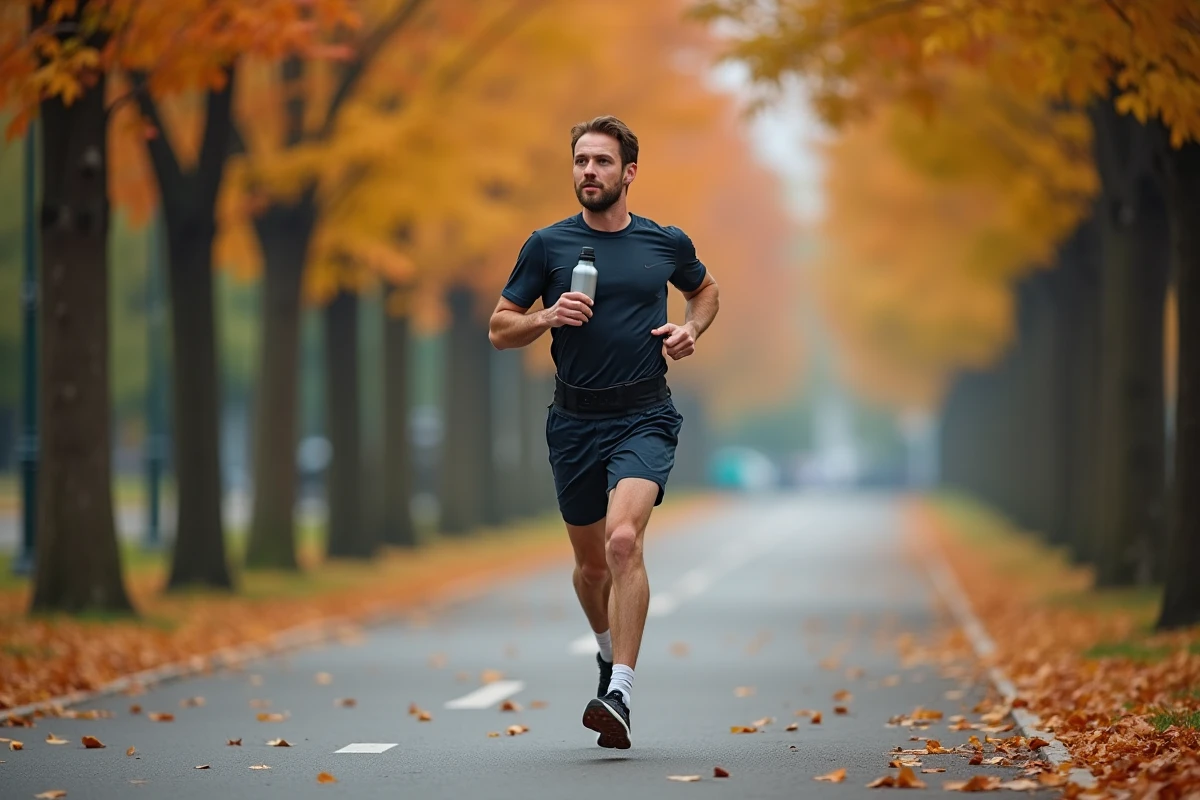 Sportif végane en train de courir dans un parc urbain en automne