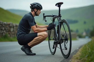 Cycliste examinant le grand pignon arrière de son vélo de route sur une route de campagne