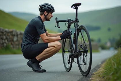 Cycliste examinant le grand pignon arrière de son vélo de route sur une route de campagne