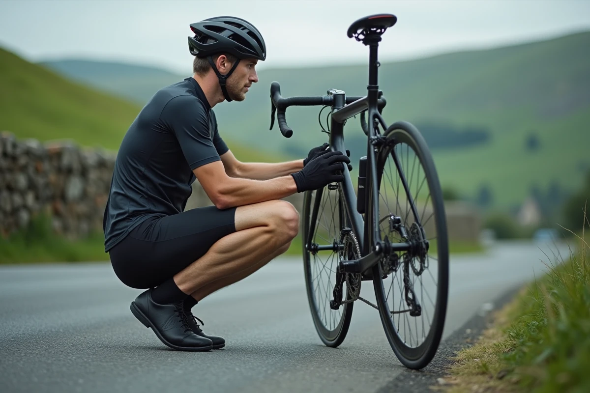 Cycliste examinant le grand pignon arrière de son vélo de route sur une route de campagne