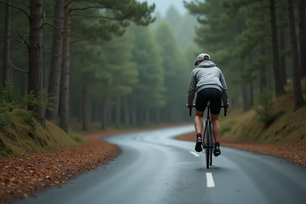Cycliste féminine gravissant une côte forestière en utilisant un grand pignon pour faciliter la montée