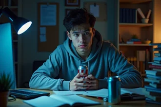 Jeune homme fatigué buvant une boisson énergisante tard le soir devant son bureau d'étudiant encombré