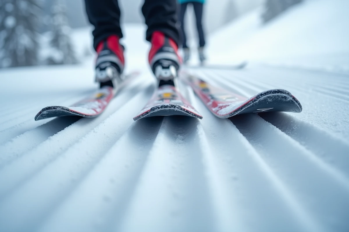 Gros plan sur les skis de randonnée et les carres glissant sur une neige damée aux sillons parallèles caractéristiques