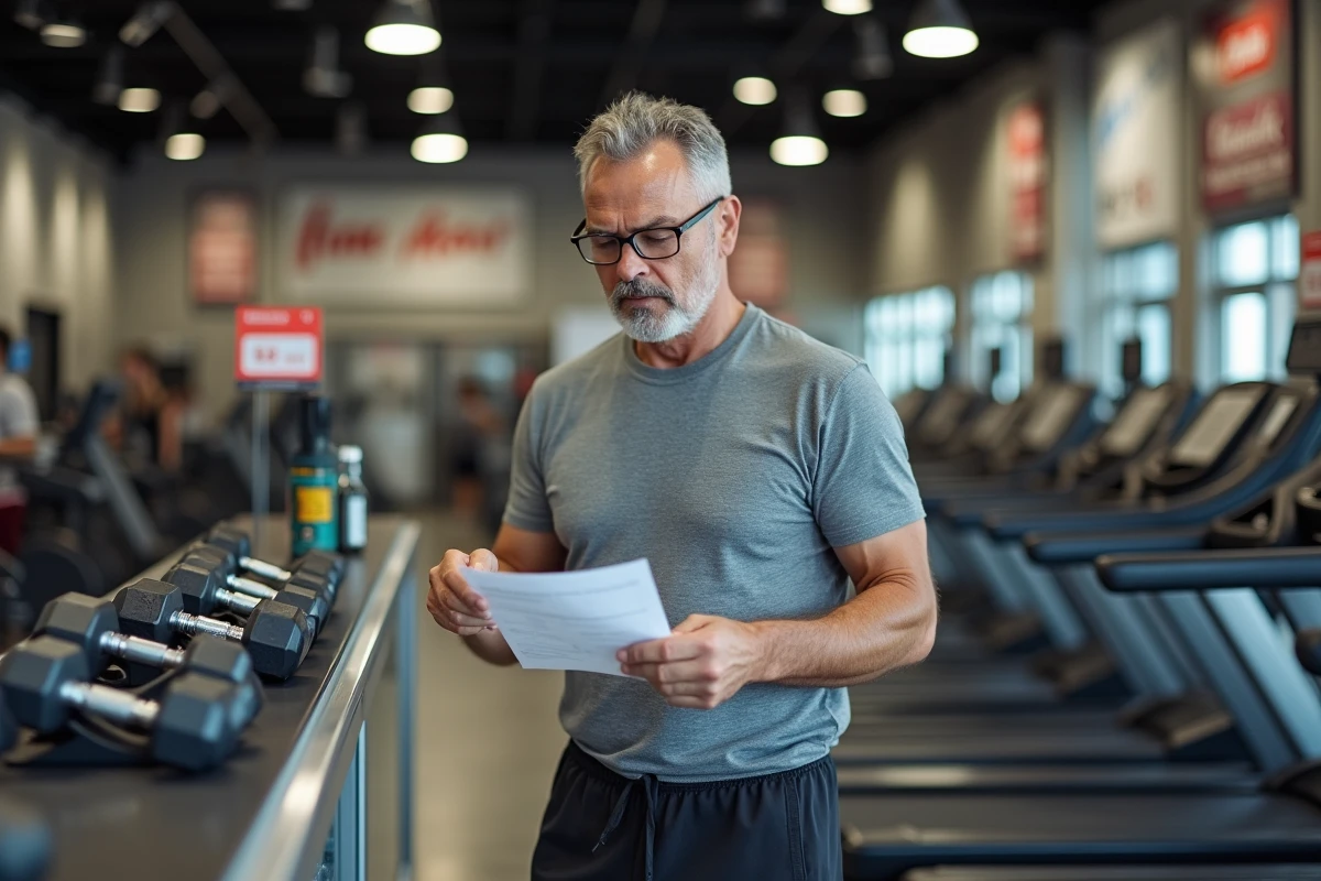 Homme examinant un devis pour l'achat d'équipements de salle de sport dans un magasin spécialisé en matériel de fitness