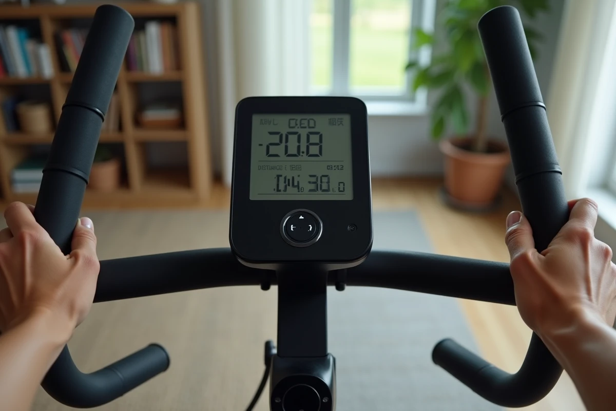Gros plan sur l'écran digital d'un vélo d'appartement affichant la vitesse et la cadence
