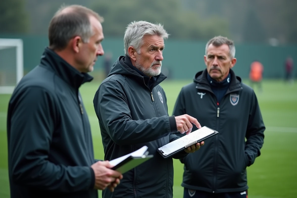 Entraîneurs de football qui analysent leur tactique en bord de terrain avant une prochaine compétition