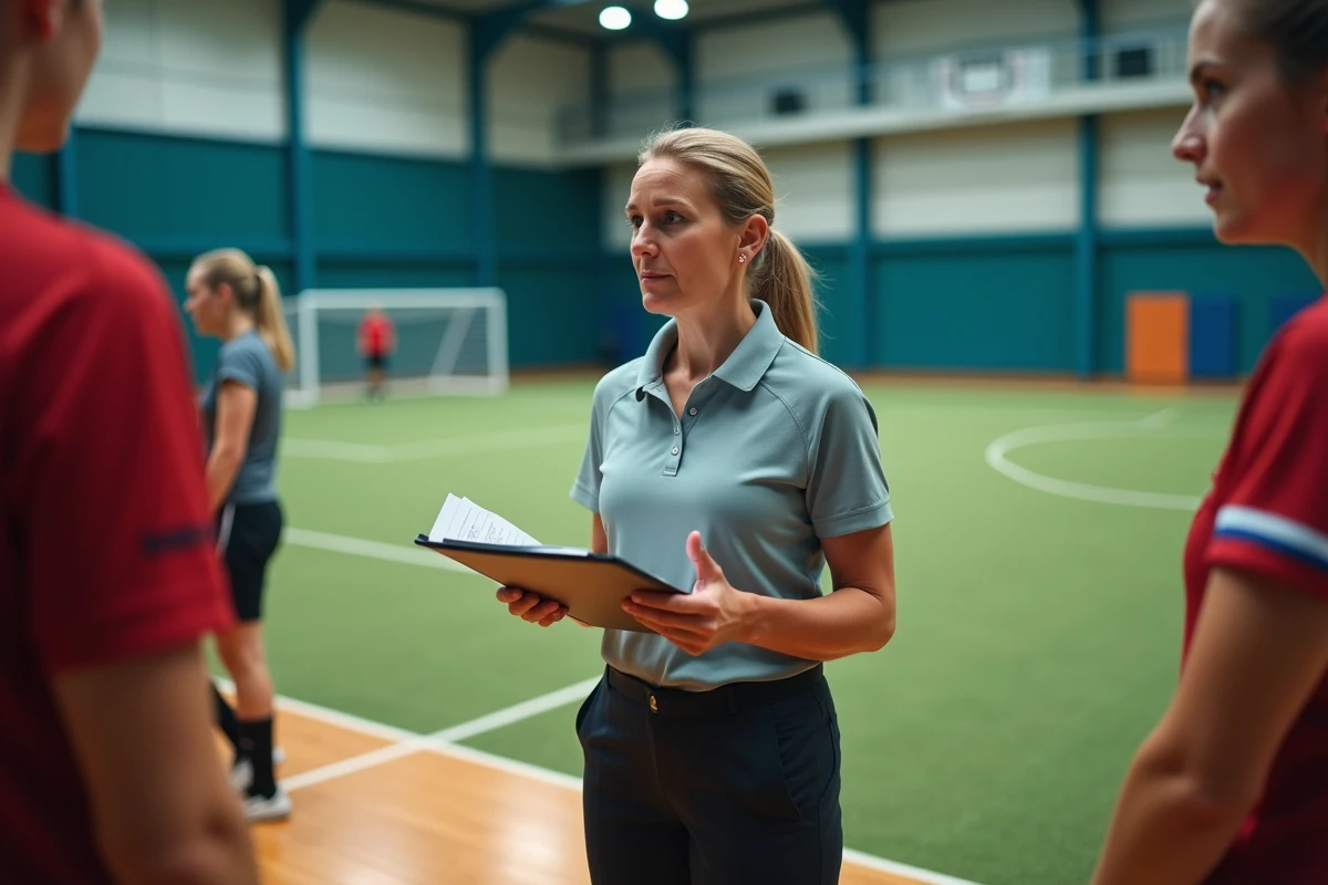 Entraîneuse féminine dirigeant son équipe de football en salle, symbole du leadership des femmes dans le sport professionnel