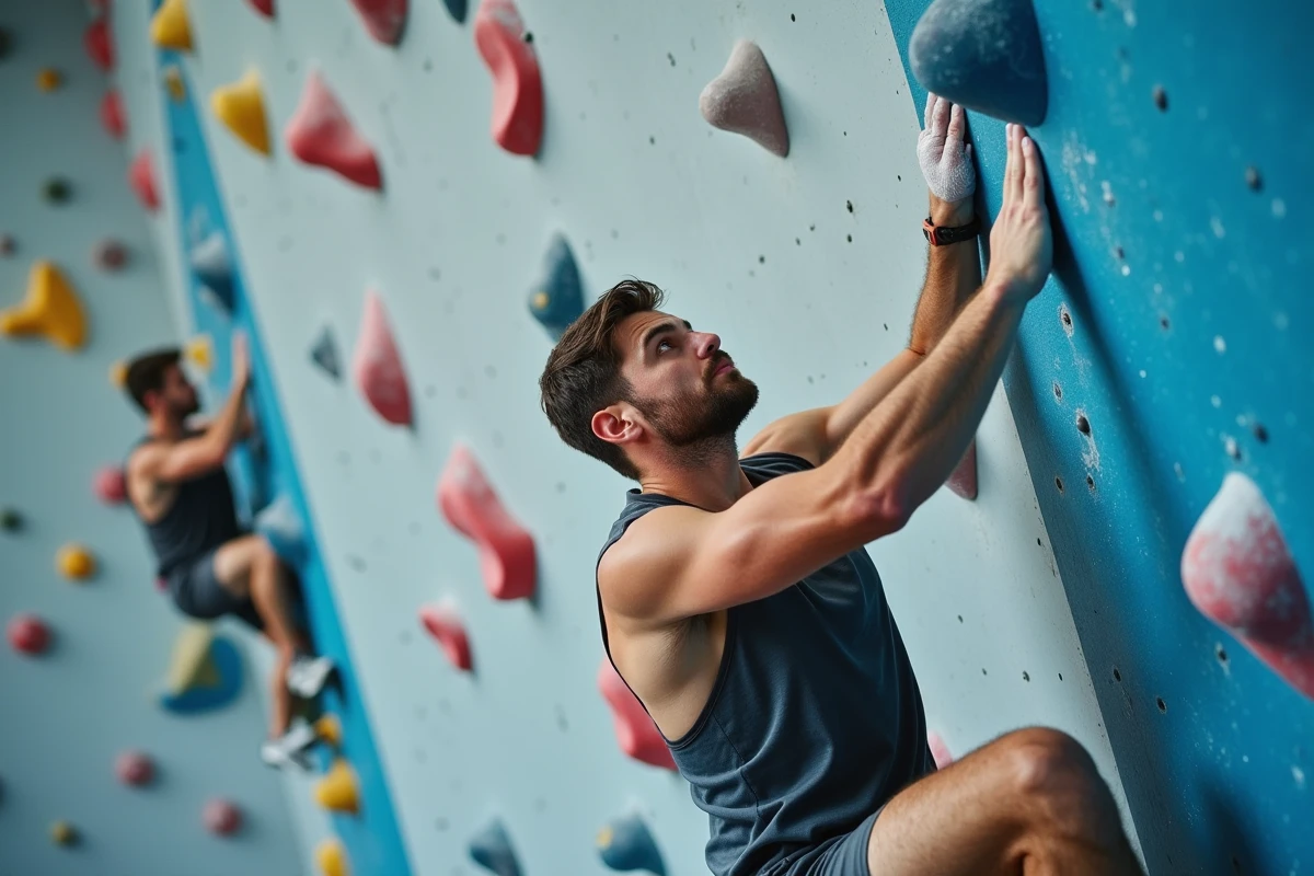 Deux grimpeurs en compétition sur un mur d'escalade artificiel lors des Jeux Olympiques