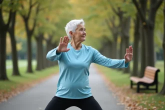 Femme de 80 ans pratiquant le tai chi dans un parc en automne, vêtue d'une tenue de sport légère