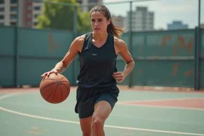 Femme athlète jouant au basketball sur un terrain urbain extérieur, illustrant la place des femmes dans le sport