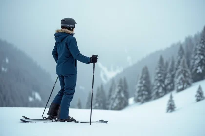 Femme en pantalon de ski imperméable au sommet d'une piste alpine enneigée