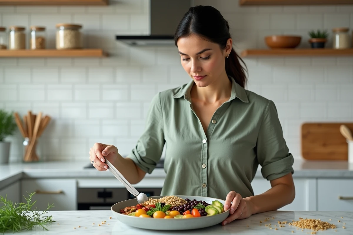 Femme préparant un bol de quinoa avec légumes rôtis et haricots noirs, illustration d'un repas riche en glucides sains