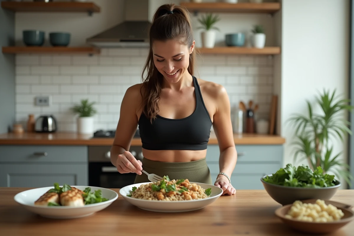 Femme sportive préparant un repas riche en protéines pour optimiser la prise de muscle