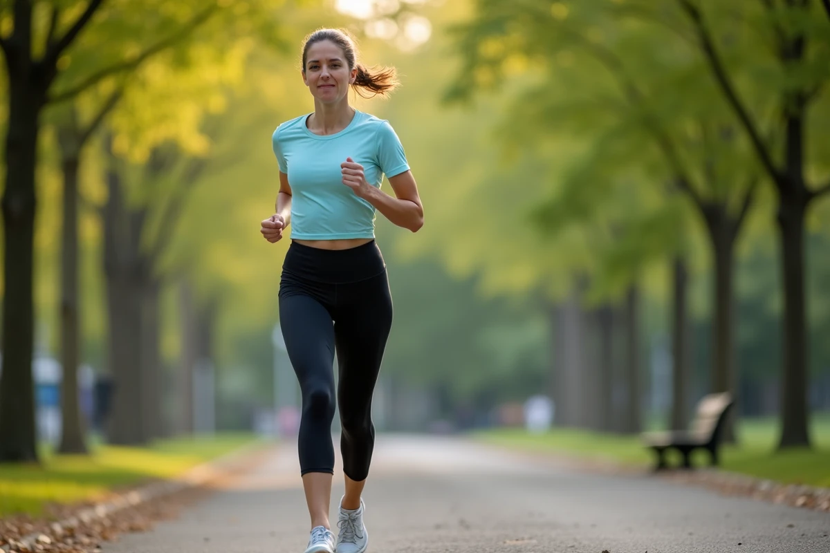 Femme sportive s'arrêtant sur un chemin de course en plein air pour toucher son genou douloureux, évoquant les risques du running en cas de douleur articulaire