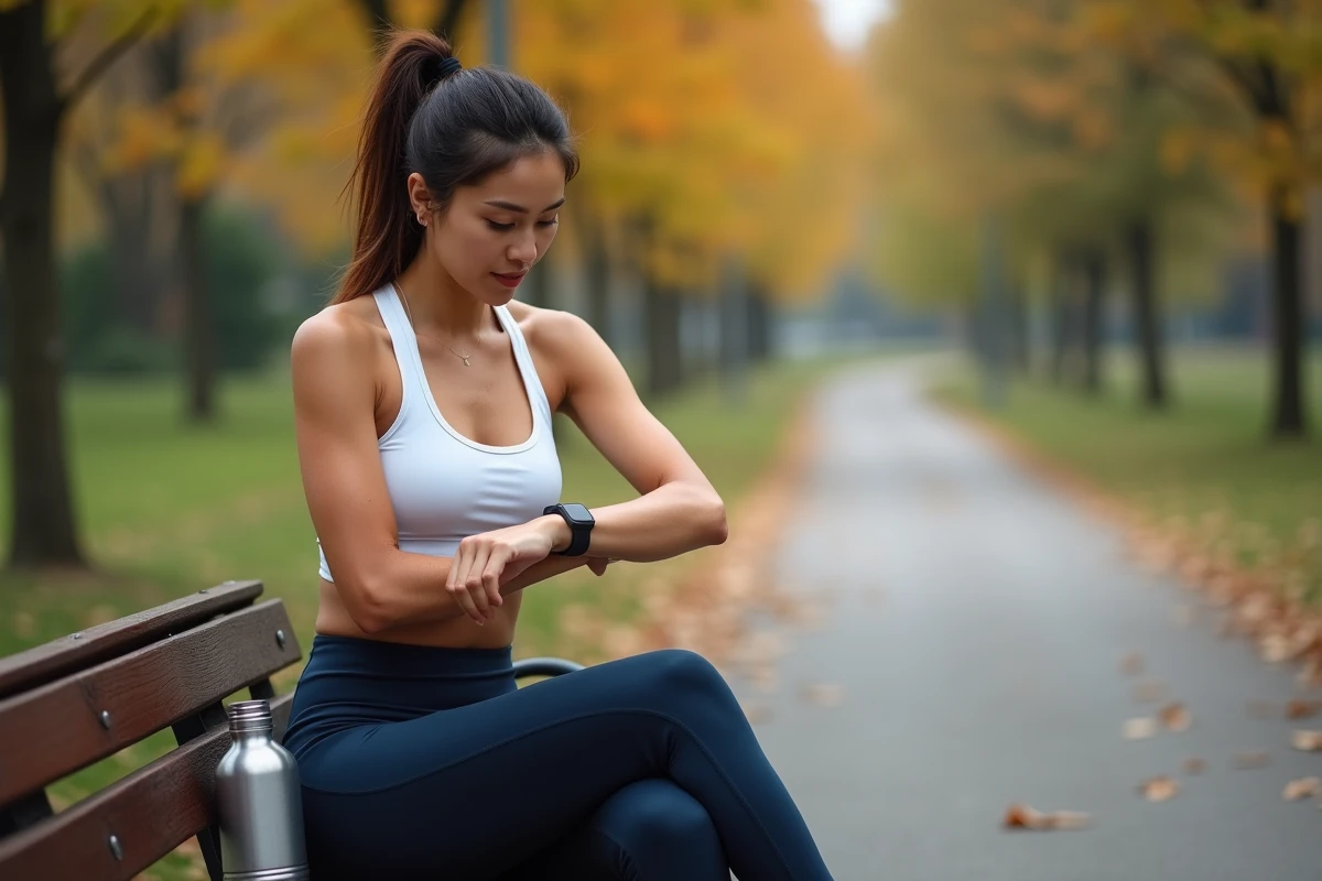 Femme sportive dans un parc urbain consultant sa montre connectée après une course, thème du métabolisme et de la perte de masse graisseuse