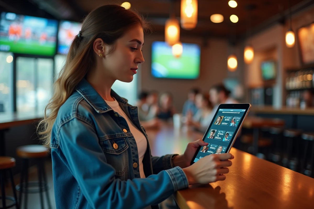 Femme consultant une application multi-sports sur tablette dans un bar sportif animé