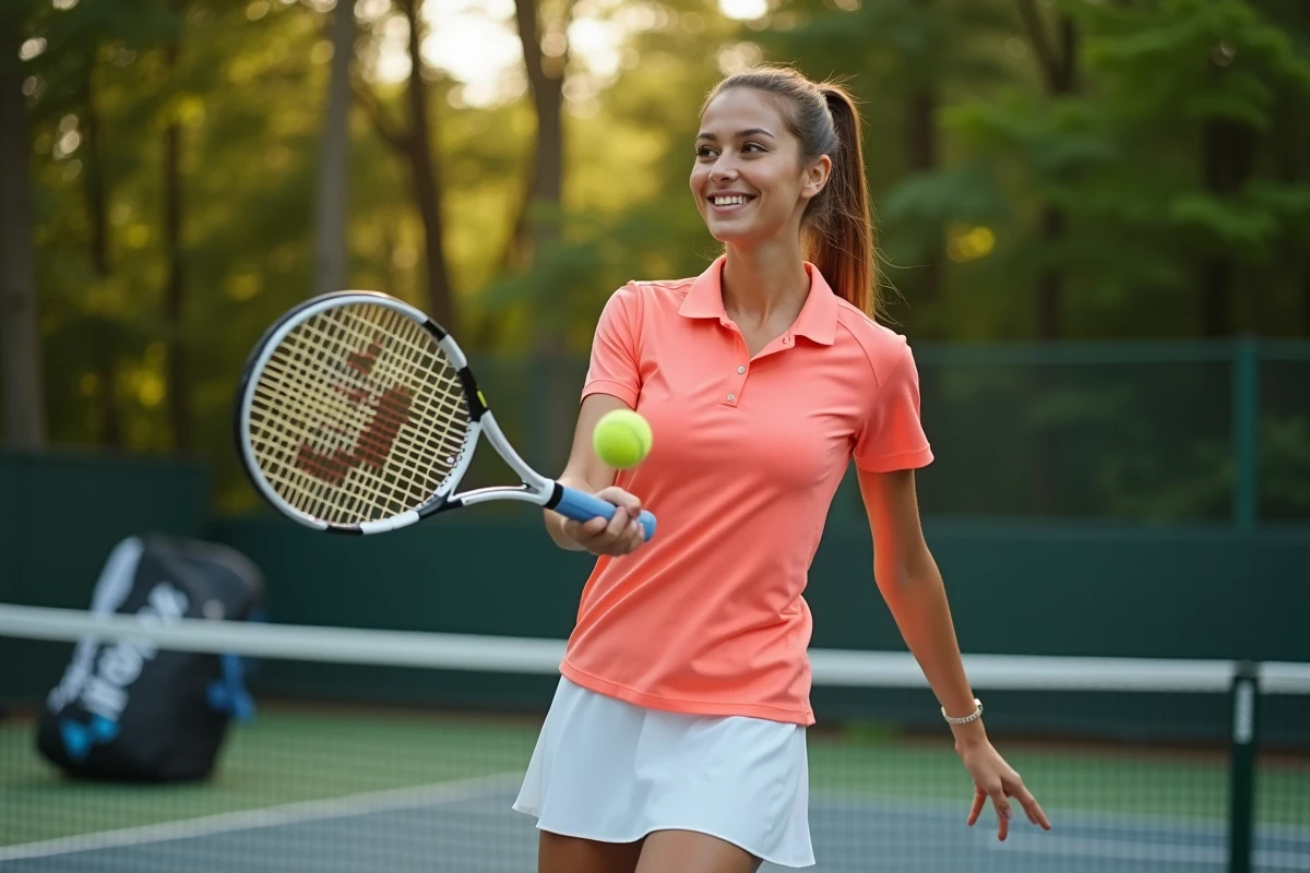 Jeune femme en tenue Yonex jouant au tennis sur un court extérieur avec une raquette Yonex EZONE, sac Yonex en arrière-plan