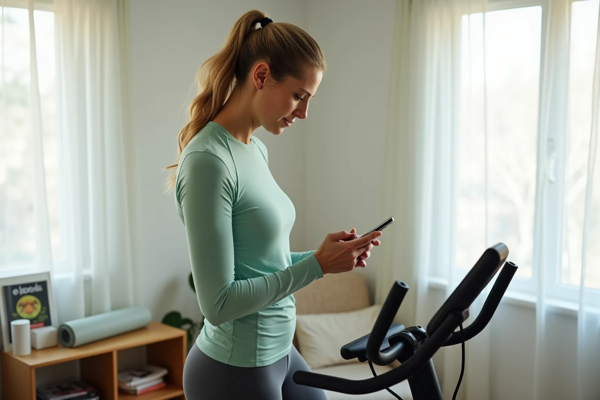 Femme consultant une application fitness à côté d'un vélo d'appartement pour suivre sa perte de ventre